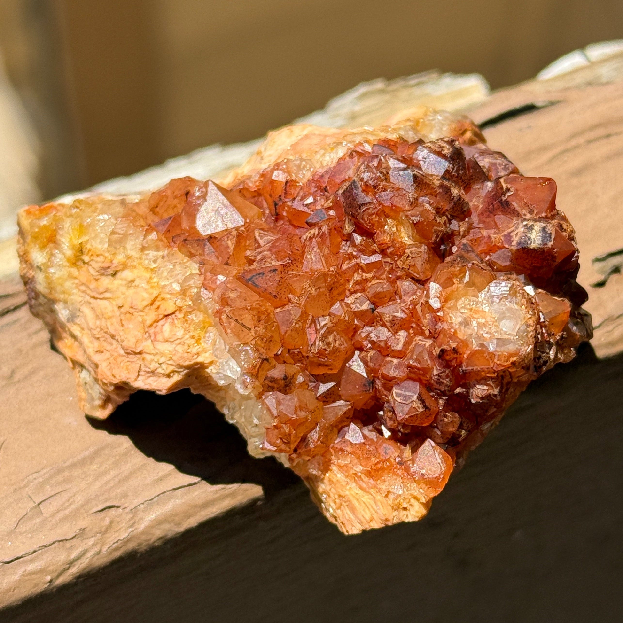 A rough mineral or crystal cluster with amber-brown and translucent clear facets mounted on a piece of wood in natural light.