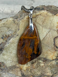 A polished brown and amber colored petrified wood pendant with a silver bail, resting on a textured natural rock surface.