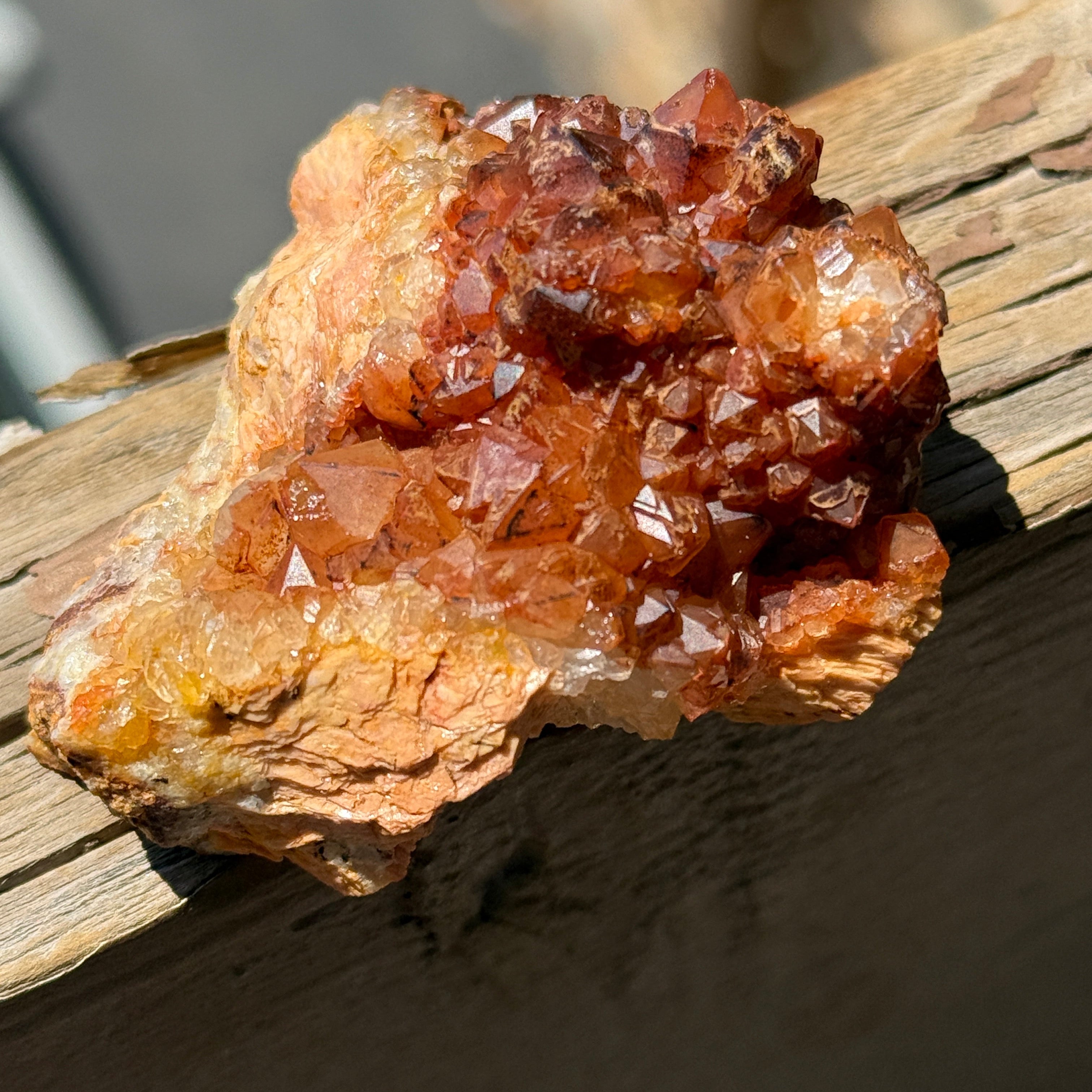 A natural crystal cluster with reddish-brown and amber tones growing on a weathered wooden post in outdoor sunlight.